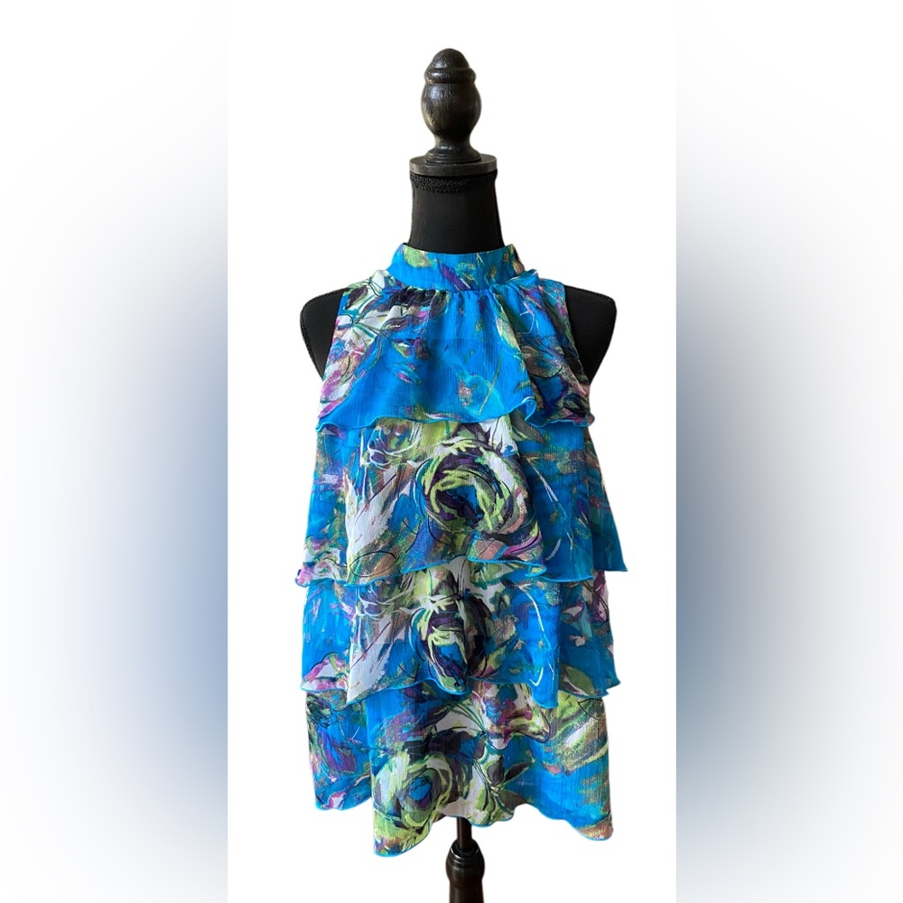 NY Collection: Blue Tiered Ruffle Top with Mock Collar